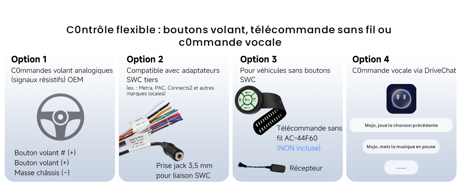 Le texte se lit comme suit : « Contrôle flexible - boutons colorés télécommande sans fil ou télécommande guidage ». Quatre images de produits montrant les options de commande du véhicule avec des descriptions textuelles en français.