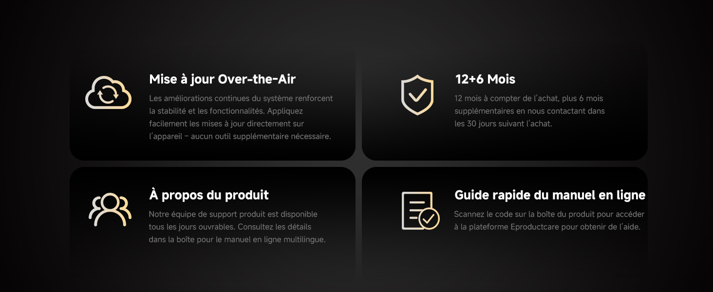 Série d'écrans d'interface à thème sombre montrant la configuration du produit ou les étapes de configuration avec des icônes et du texte d'instructions.