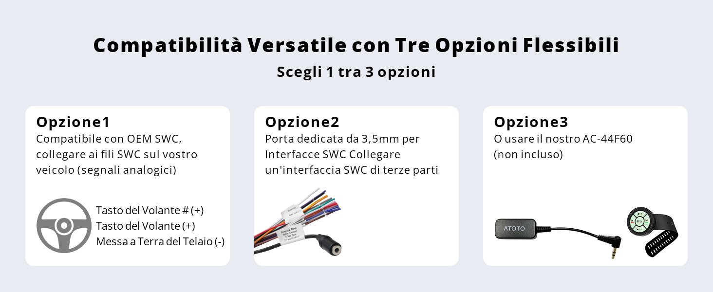 Diagramma di compatibilità tecnica che mostra tre diverse opzioni per le connessioni dei dispositivi, con illustrazioni dettagliate dei vari tipi e specifiche di connettori.