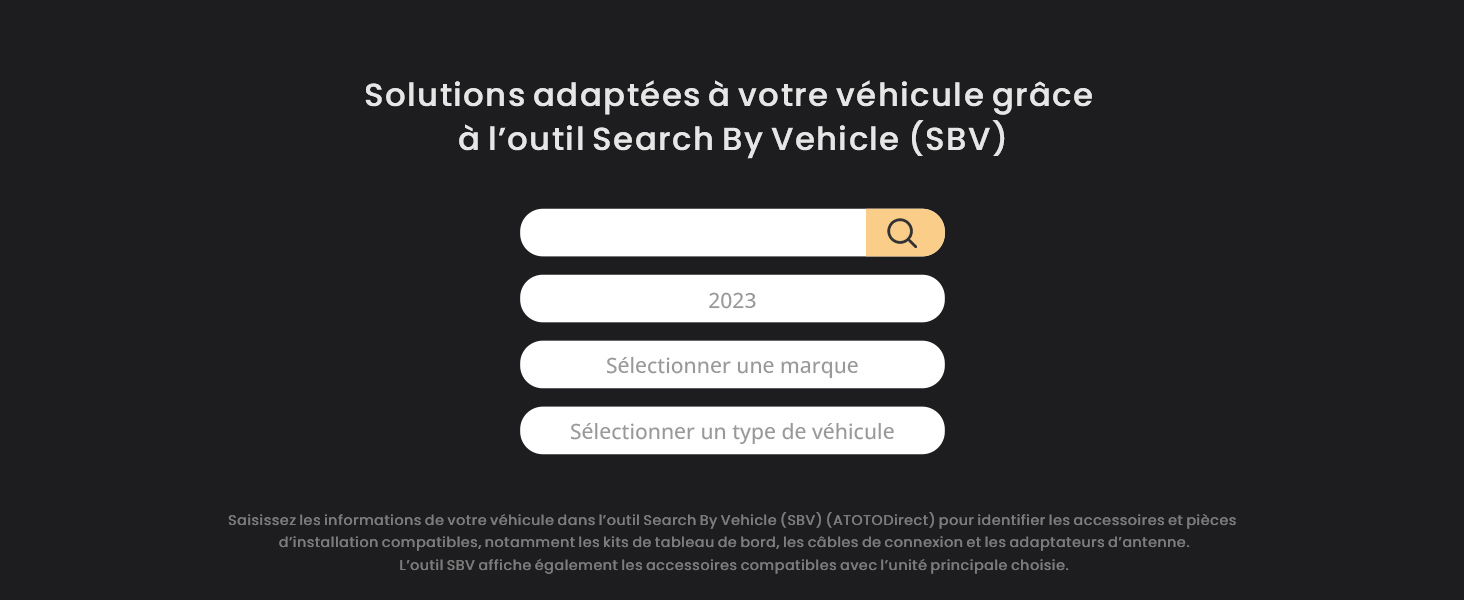 Le texte se lit comme suit : « Solutions adaptées à votre véhicule grâce à l'outil Search By Vehicle (SBV) ». Interface sombre affichant une barre de recherche sur fond noir.