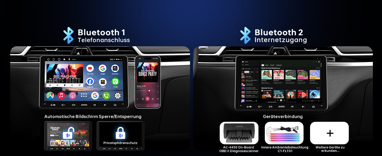 Der Text lautet „Bluetooth 1“ und „Bluetooth 2“. Geteiltes Bild, das die Benutzeroberfläche des Fahrzeugunterhaltungssystems mit mehreren Menübildschirmen und Verbindungsoptionen zeigt.
