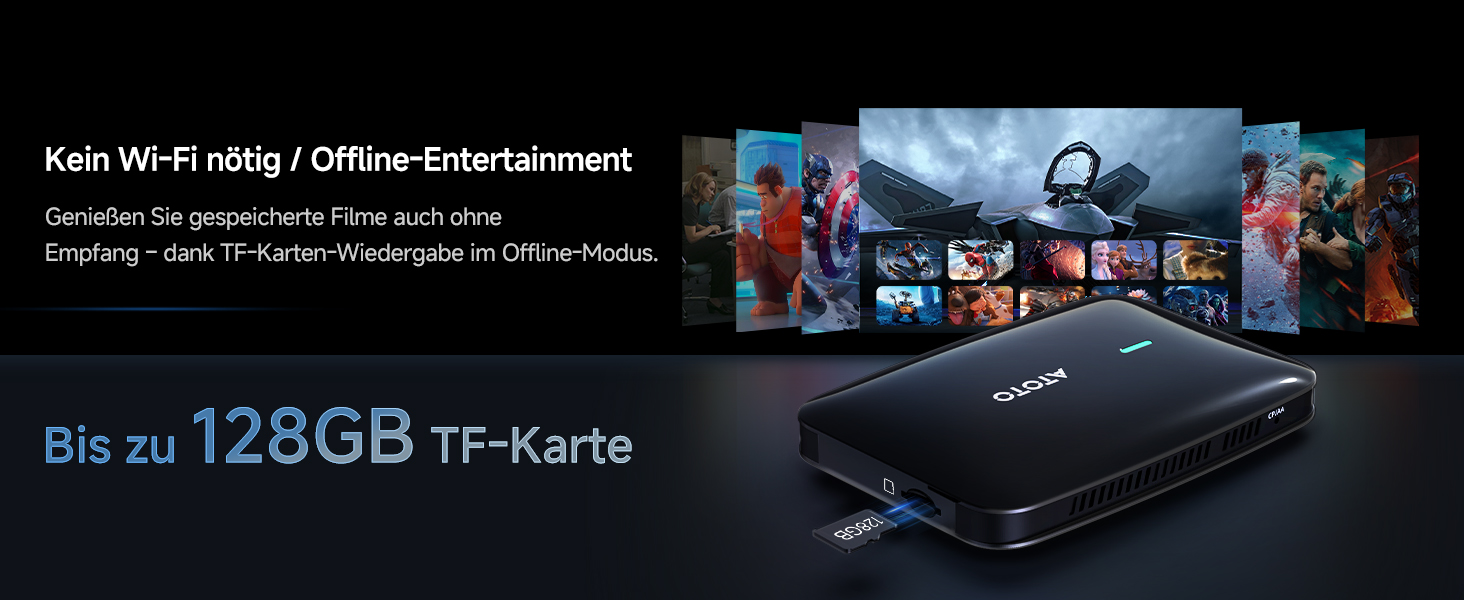 Der Text lautet 'Bis zu 128GB TF-Karte'. Digitale Unterhaltungsoberfläche oder Menübildschirm mit farbenfrohen Spiel- oder Medien-Thumbnails auf dunklem Hintergrund.