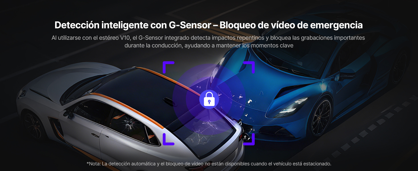 El texto dice «Detección inteligente con G-Sensor - Bloqueo de video de emergencia». Escenas oscuras que muestran el sistema de grabación de vídeo de emergencia del automóvil con efectos de luz azul.