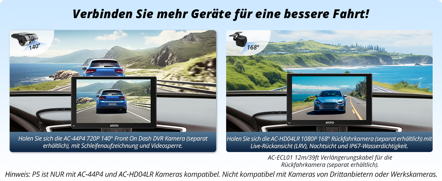 Splitscreen-Display, das ein Armaturenbrett mit integrierten Kameraansichten und separatem Monitor zeigt, dass das Fahren über verbundene Geräte besser sichtbar