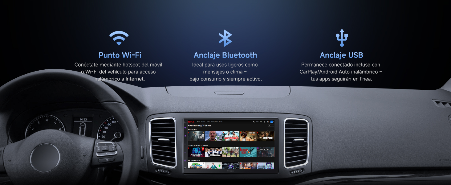 La interfaz del salpicadero del coche muestra varios iconos de conectividad, incluidos los símbolos Bluetooth, WiFi y USB. Iluminación interior oscura con luces de acento azules.