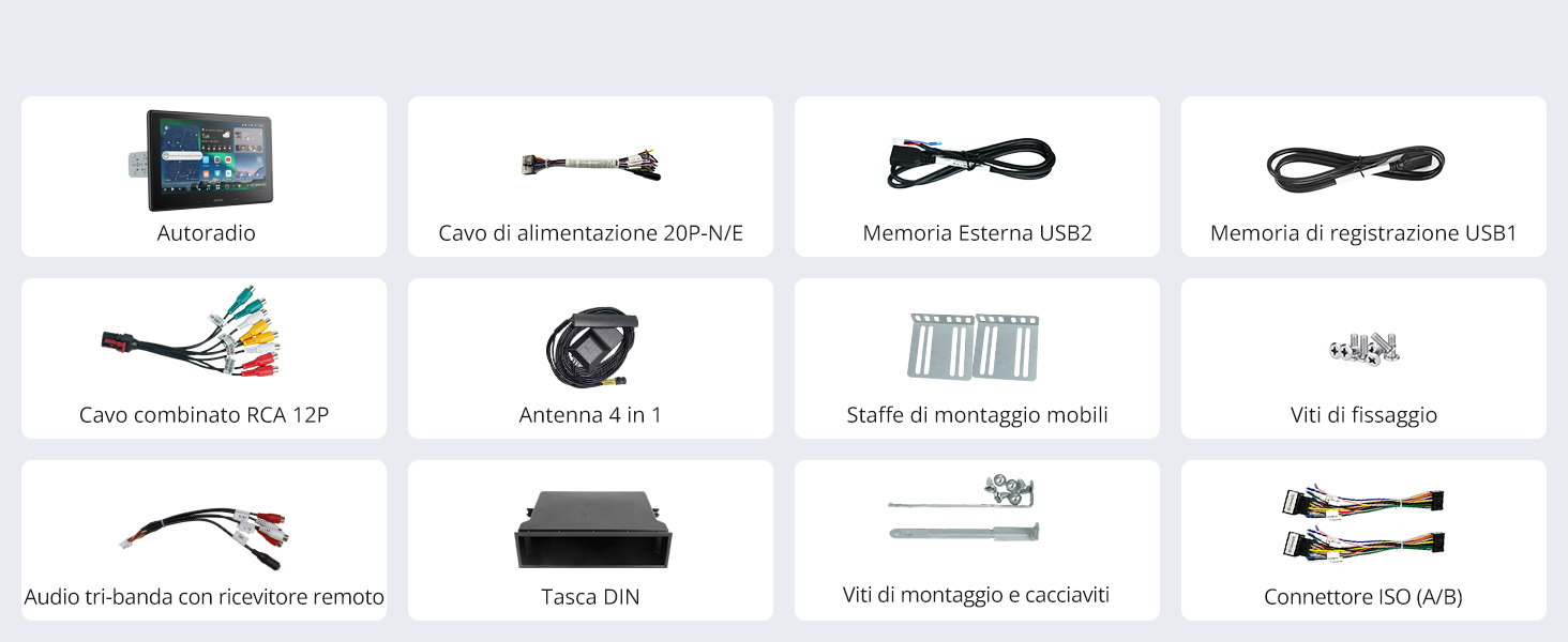 Visualizzazione di vari cavi e connettori elettronici, inclusi cavi audio/video, connessioni USB e cavi di alimentazione disposti a griglia con sfondo bianco.