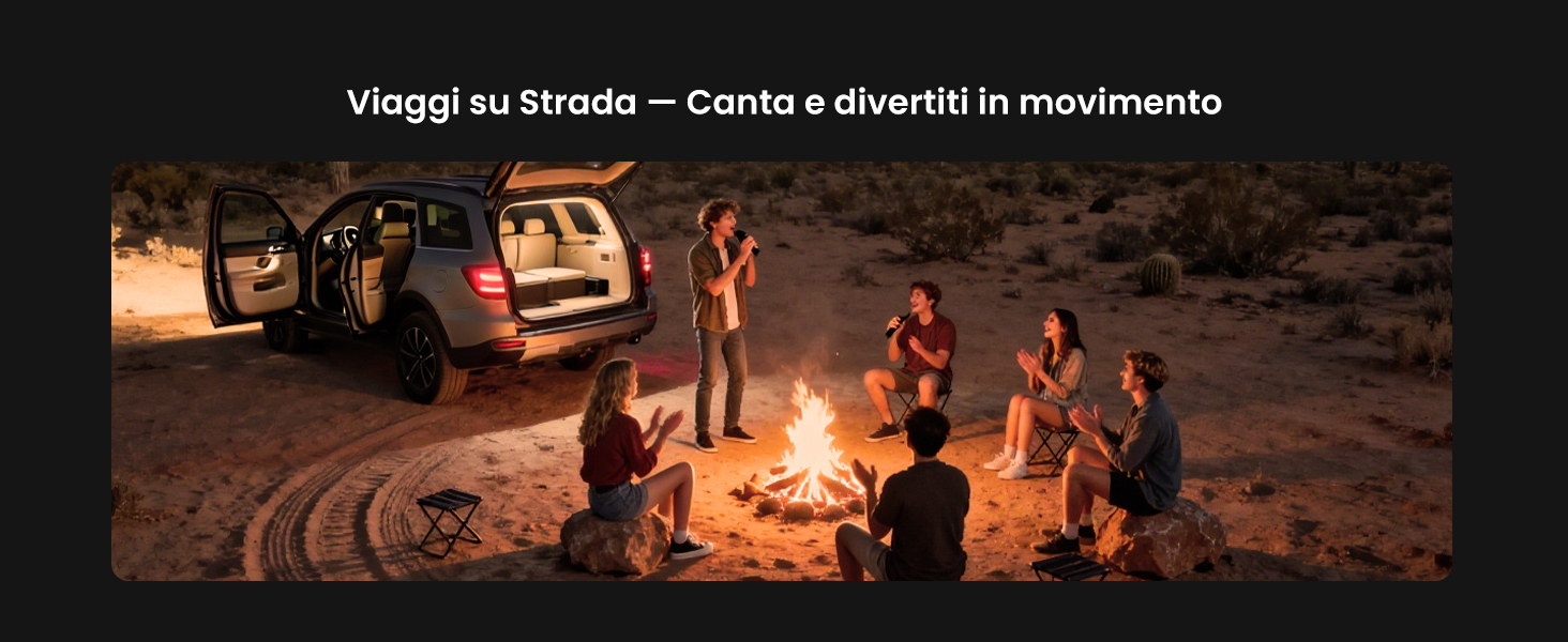 Scena notturna all'aperto che mostra persone riunite attorno a un falò in un ambiente naturale.