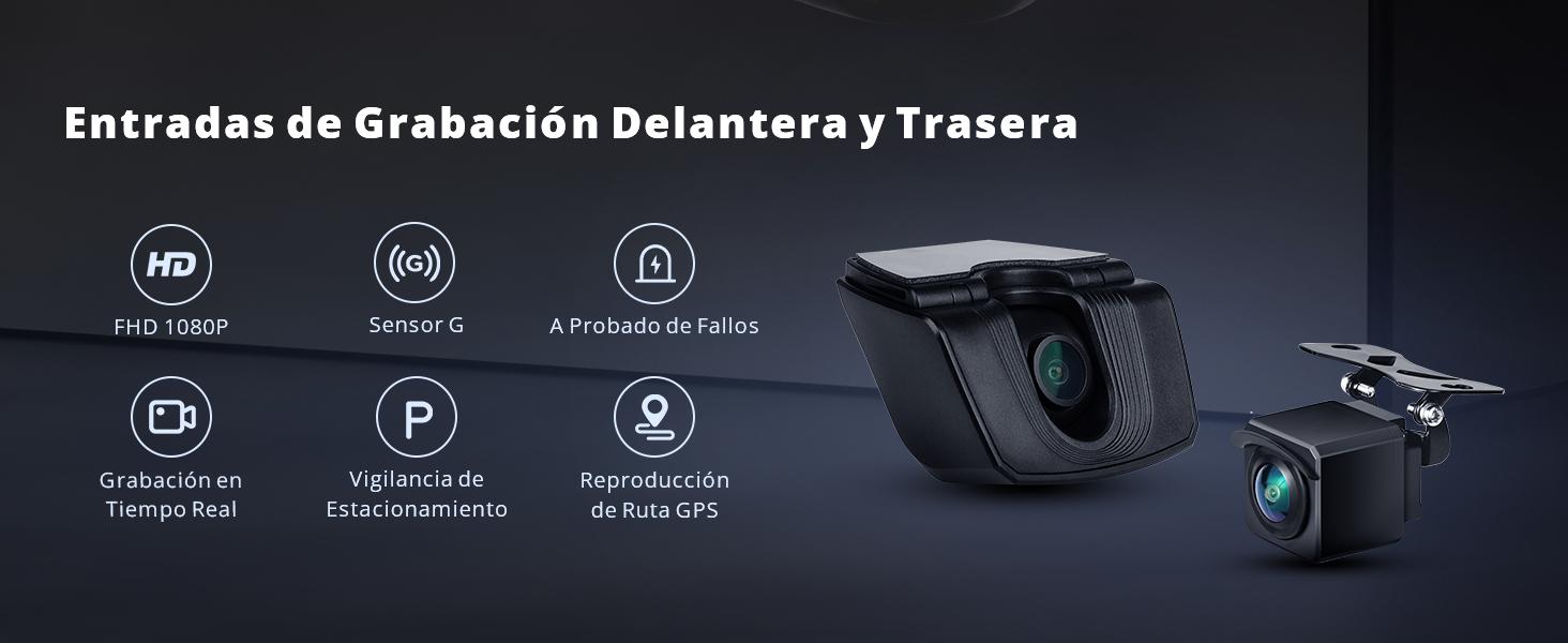 Interfaz de cámara de seguridad negra que muestra múltiples iconos de funciones y controles de navegación con el texto en español «Entradas de Grabación Delantera y Trasera»