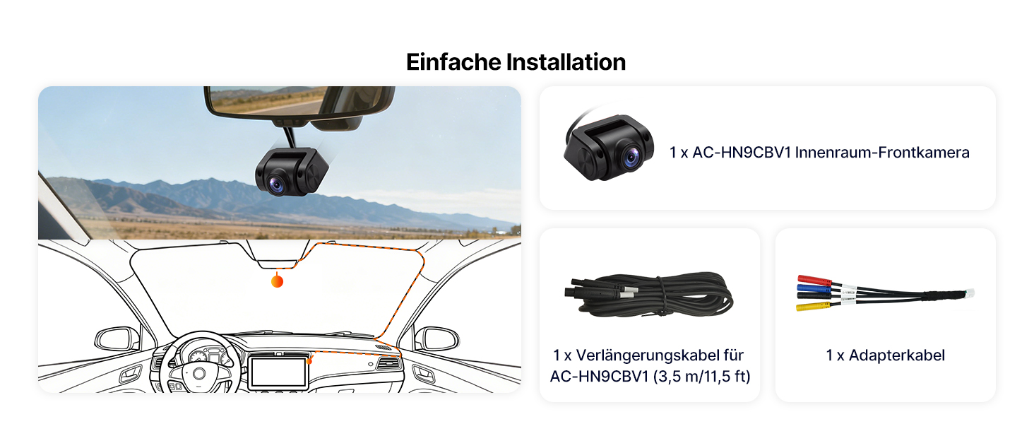 Der Text lautet „Einfache Installation“. Technisches Diagramm, das die Installationsschritte für ein Fahrzeuggerät mit Verkabelung und Montageanleitung zeigt.