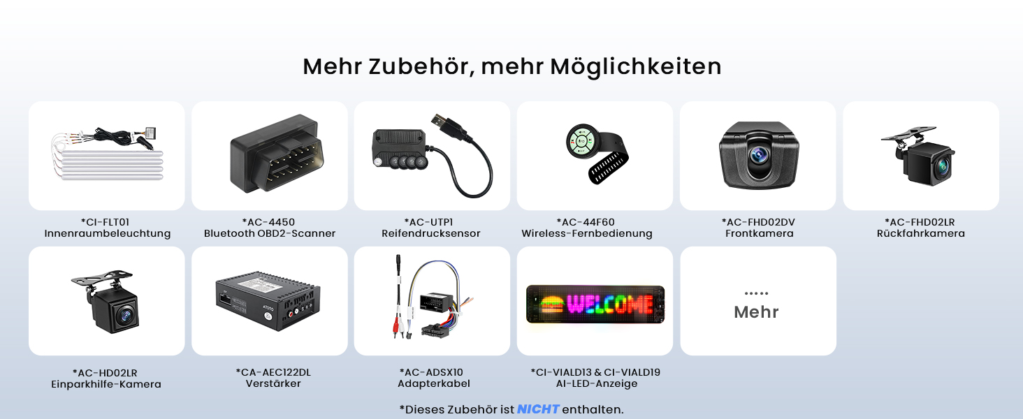 Der Text lautet „Mehr Zubehör, mehr Möglichkeiten“. Das Produktzubehör-Sortiment zeigt Netzteil, Ladestation, Bürste, RGB-Licht, Akku und andere Komponenten in schwarzen Symbolen.