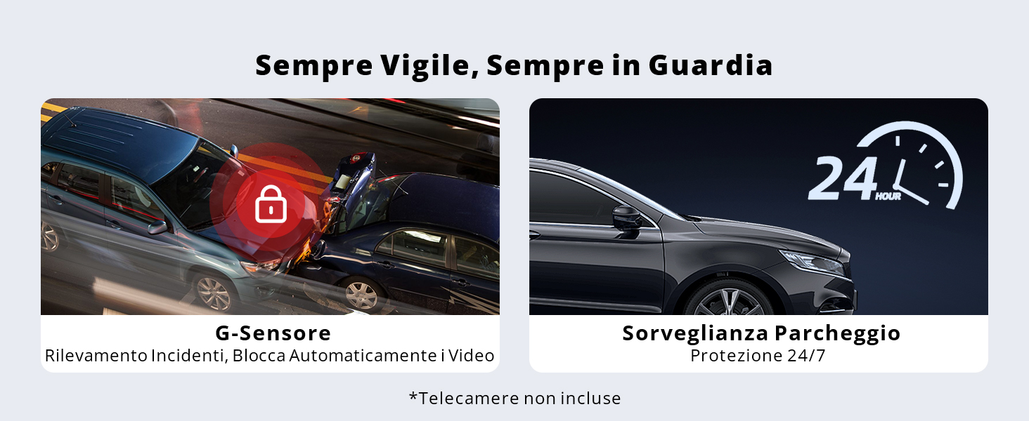 Interfaccia di sicurezza automobilistica a schermo diviso che mostra il testo «24/7