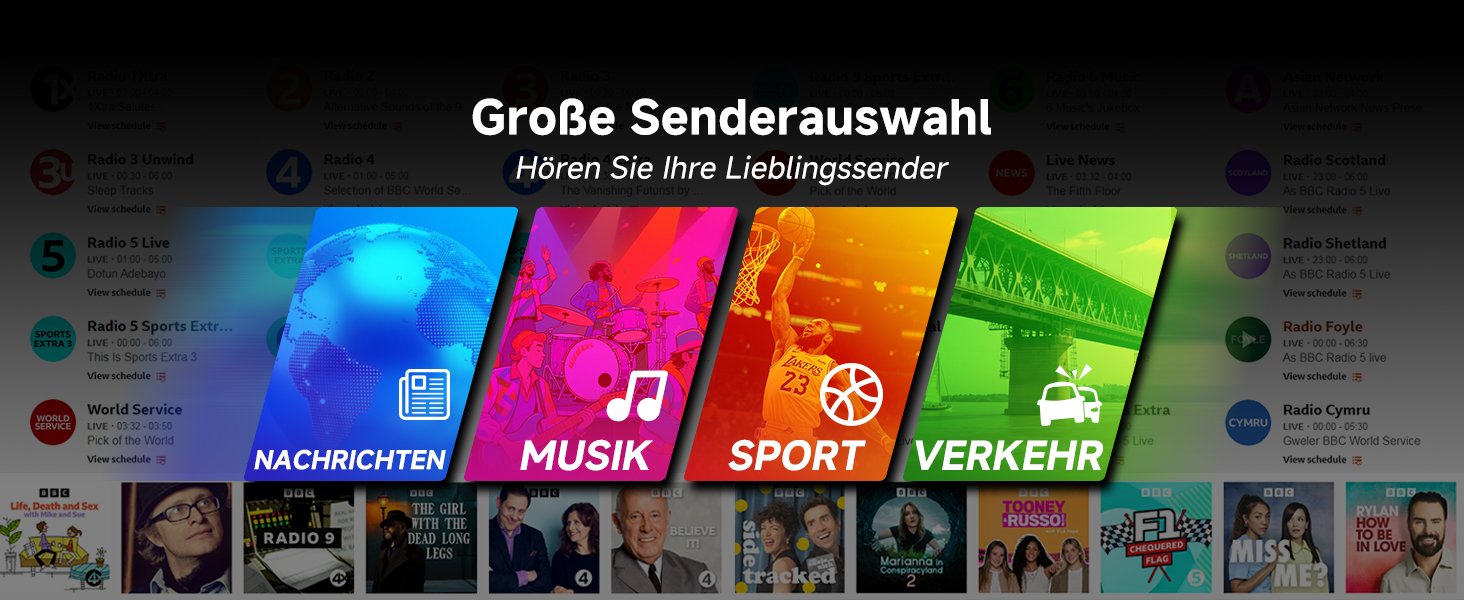 Der Text lautet „Bild 7“, „Große Senderauswahl“. Farbenfrohe Menüoberfläche mit Unterhaltungskategorien mit Symbolen und hellen Farbblöcken.