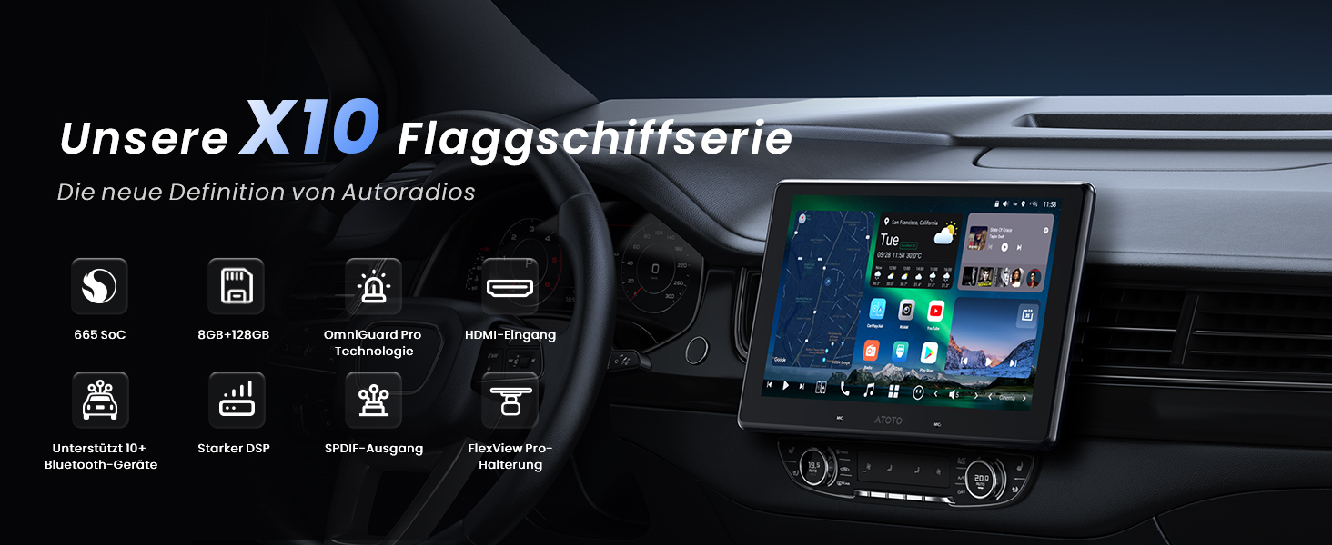 Der Text lautet „Unisize X10 Flaggschiffserie“ und wird auf einem Bildschirm angezeigt, der wie ein Armaturenbrett oder eine Bedienoberfläche aussieht.