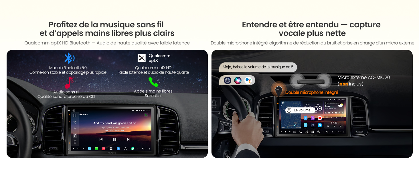 Le texte se lit comme suit : « Profitez de la musique pour fil et d'appels mains libres plus clairs ». Interface autoradio affichant un affichage numérique avec divers boutons de commande audio et options de connectivité.