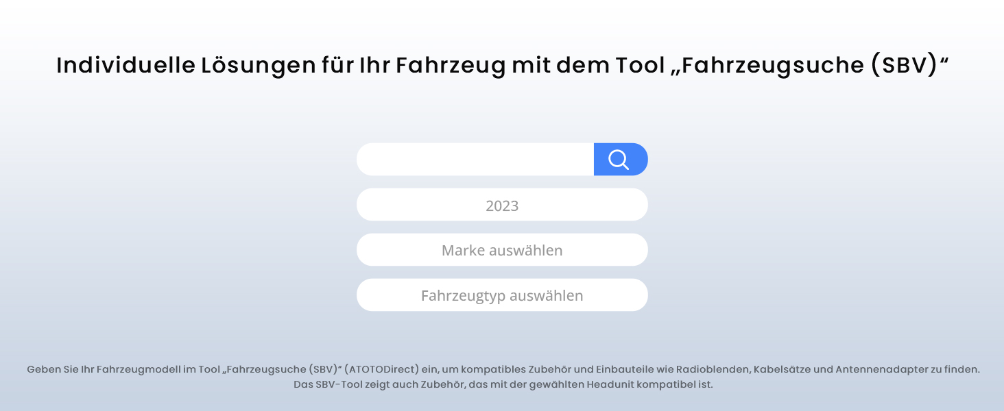 Der Text lautet „Individuelle Lösungen für Ihr Fahrzeug mit dem Tool „Fahrzeugsuche (SEV)“. Screenshot einer Fahrzeugsuchoberfläche mit Eingabefeldern.