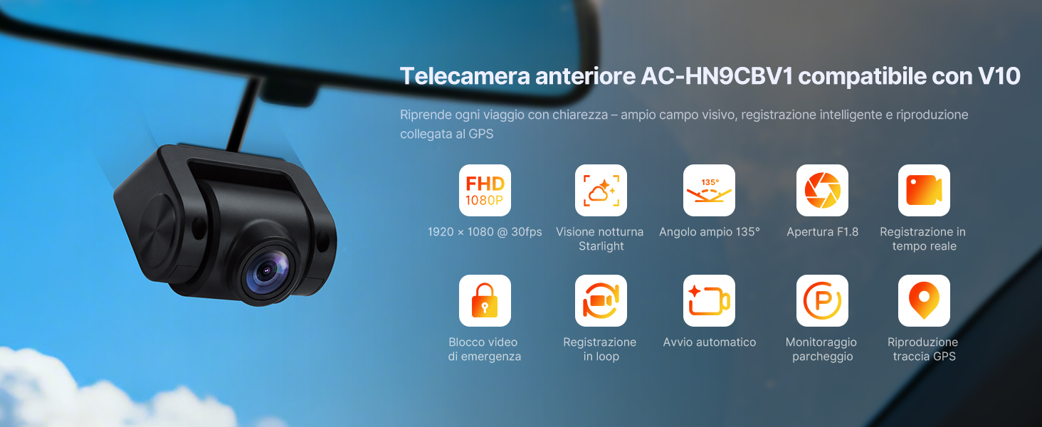 Il testo dice 'Telecamera anteriora AC-1940CFV1 compatible con V10'. Interfaccia della fotocamera del cruscotto che mostra più icone di app su uno sfondo blu cielo.