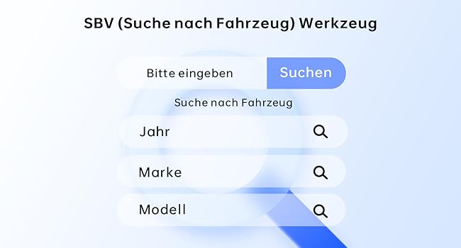 Der Text lautet „SBV (Suche nach Fahrzeug) Werkzeug“, „Bitte eingeben“, „Suchen“, „Jahr“, „Marke“, „Modell“. Fahrzeug-Suchoberfläche mit Dropdownmenüs für Jahr, Marke und Modellauswahl.
