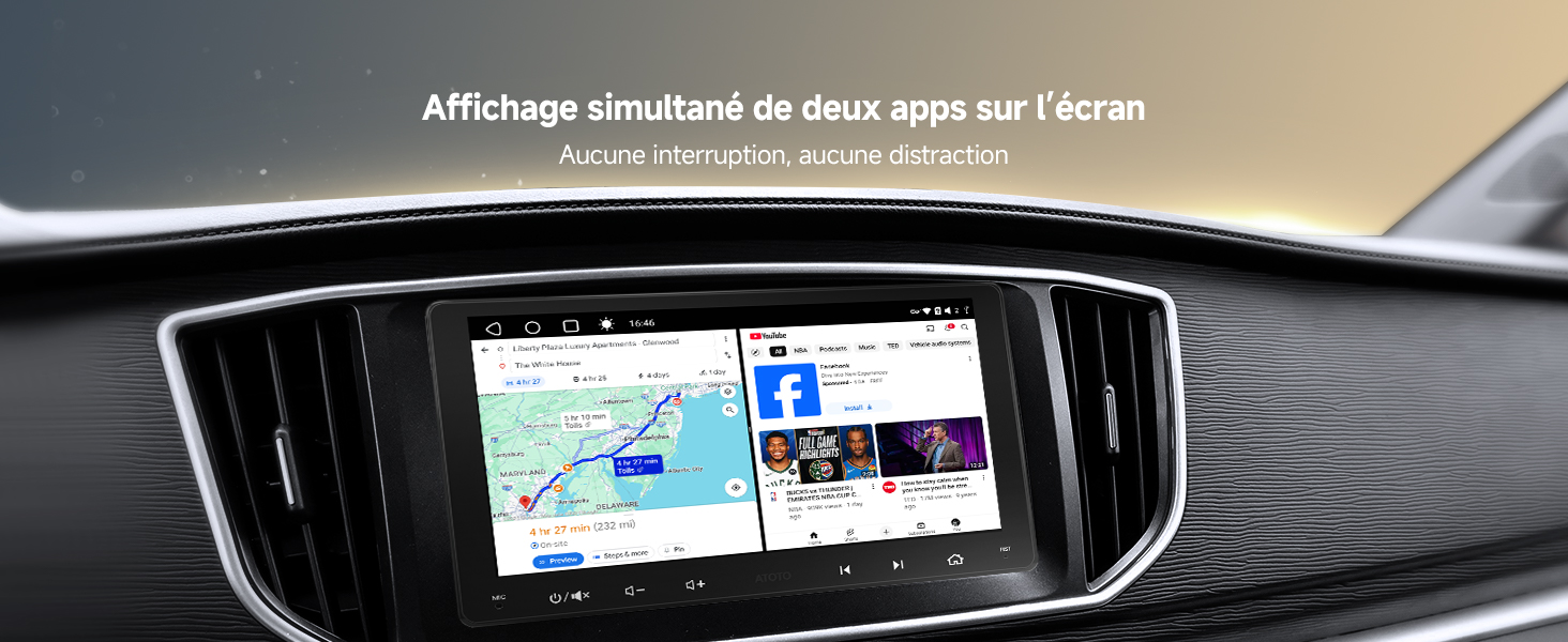 Le texte indique « Affichage simultané de deux applications sur l'écran ». Affichage du tableau de bord du véhicule présentant une fonctionnalité d'écran partagé avec des interfaces de navigation et multimédia sur l'écran d'infodivertissement du véhicule.