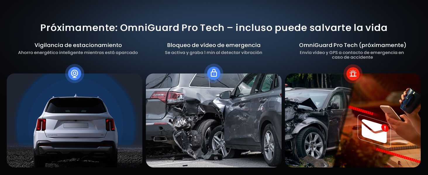 El texto dice «Pride Insurance OmniGuard Pro Tech». Cartel de marketing que muestra varios escenarios de colisión de vehículos y características de seguridad.
