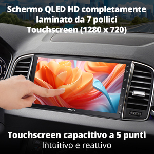 Il display touchscreen QLED HD da 7 pollici (1280 x 720) è mostrato montato sul cruscotto dell'auto, con una vivace immagine di fiori arancioni.
