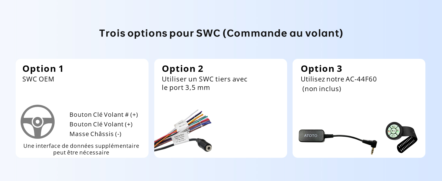 Schéma montrant trois options de commande du volant : un volant, des fils colorés avec connecteurs et un petit appareil noir à extrémité circulaire.