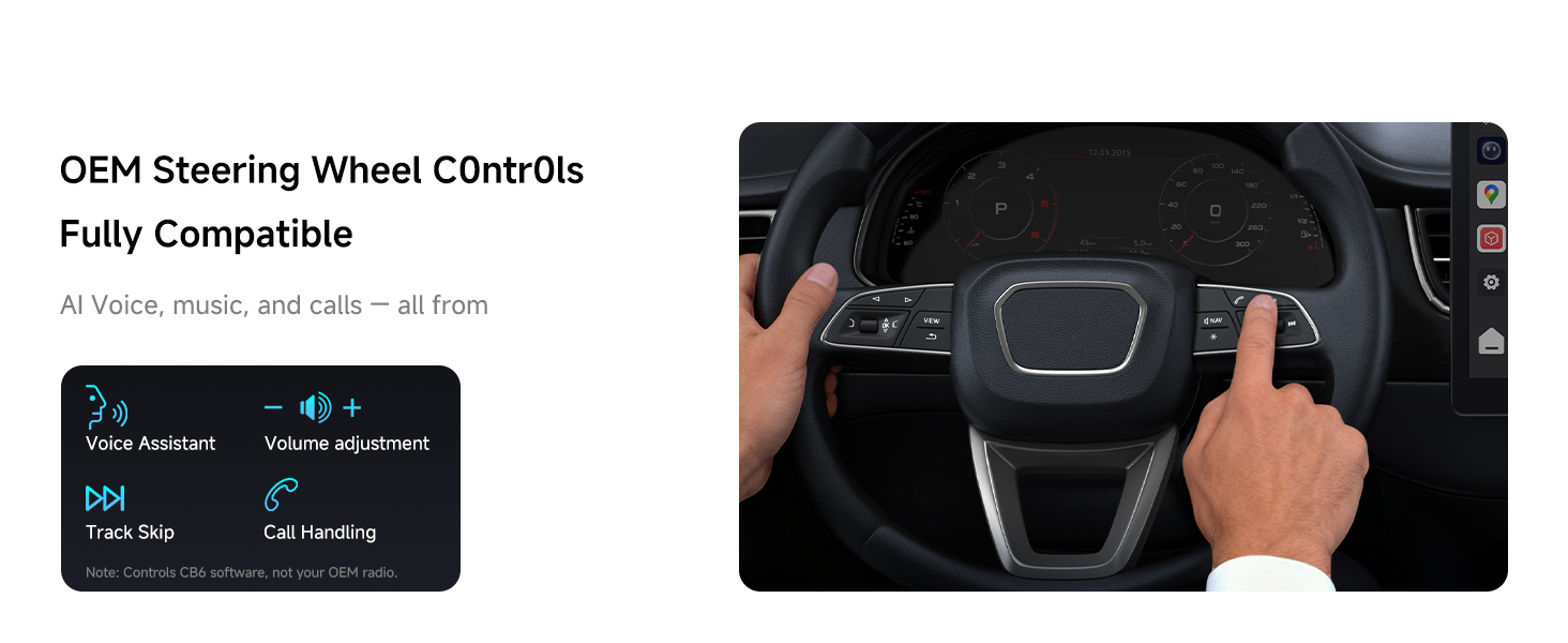 Text reads 'OEM Steering Wheel Controls'. Series of images demonstrating car steering wheel control interface and functionality.
