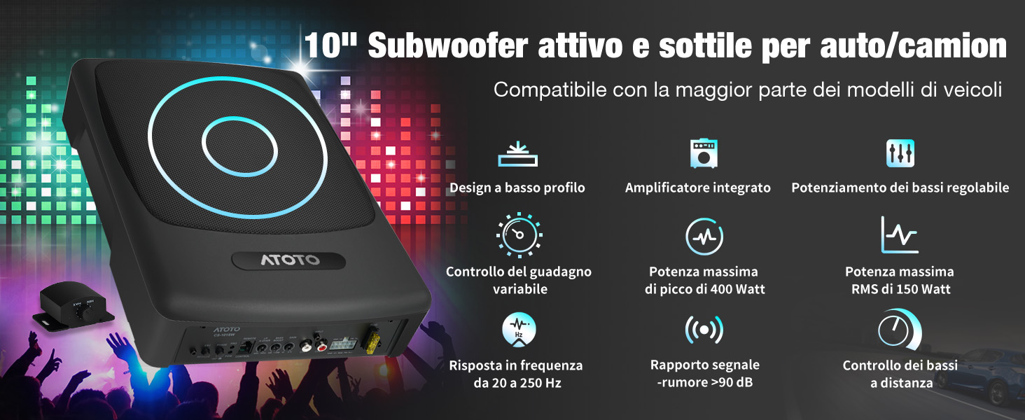 ATOTO CS-101SW Subwoofer attivo sottile da 10" con amplificatore incorporato