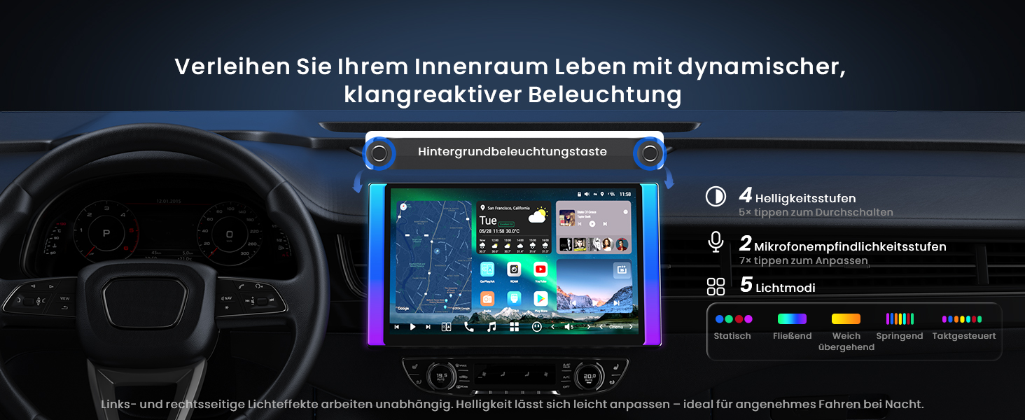 Der Text lautet „Bild 4“ und „Verleihen Sie ihrem Innenraum Leben mit dynamischer“. Das Armaturenbrett des Autos zeigt eine Multimedia-Oberfläche mit blauer Umgebungsbeleuchtung.