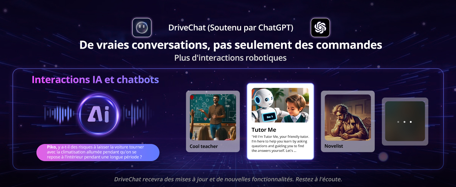 Image marketing pour le service de chatbot IA montrant des icônes et des illustrations représentant différents types d'interactions avec l'IA, notamment la reconnaissance vocale, textuelle et d'image. Le texte français décrit les fonctionnalités de conversation étendues.