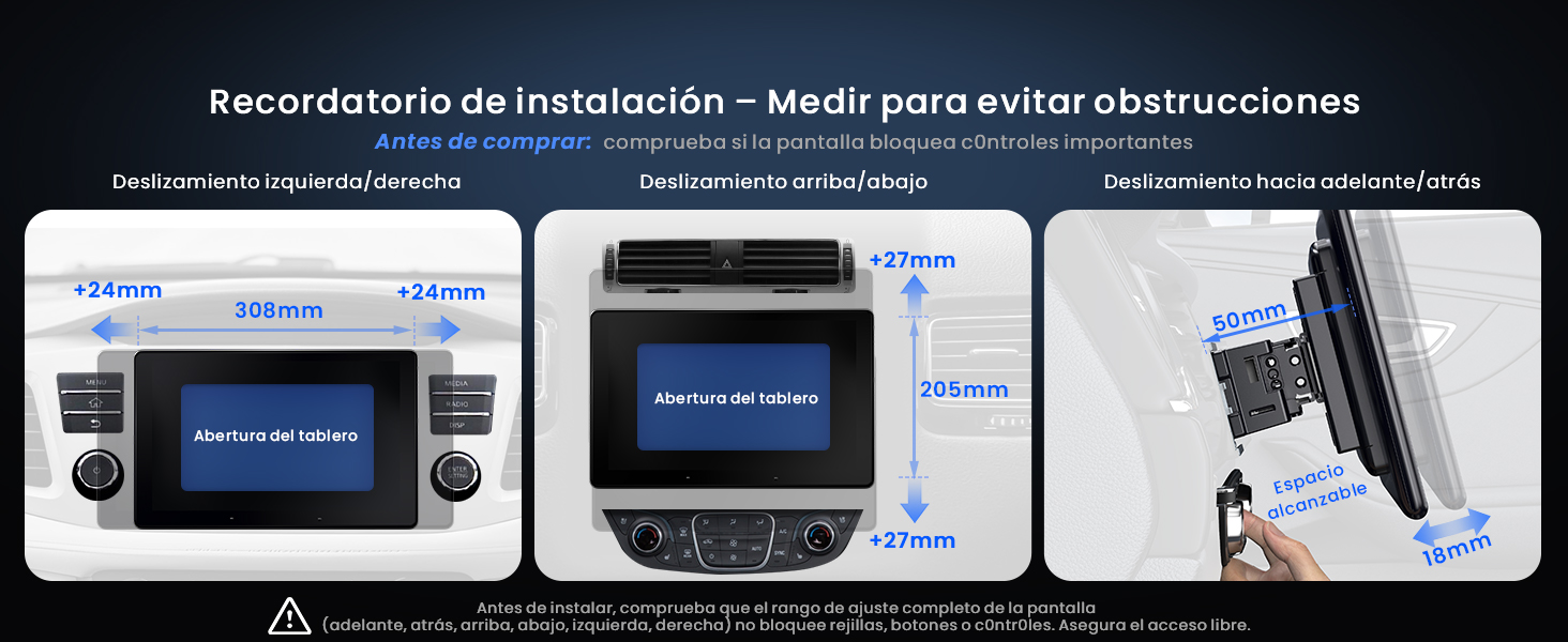 El texto dice «Recorritorrio de instalación - Menú para evitar obstrucciones». Pantalla de interfaz técnica que muestra pantallas de navegación por menús con texto blanco sobre fondo oscuro.