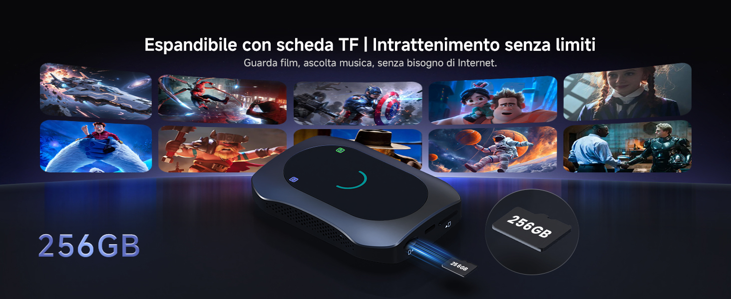 Il testo dice 'Espandibile con scheda tf (ottenimento senza unni) '. Banner promozionale che mostra contenuti in streaming e interfaccia di intrattenimento con indicatore di archiviazione da 256 GB.