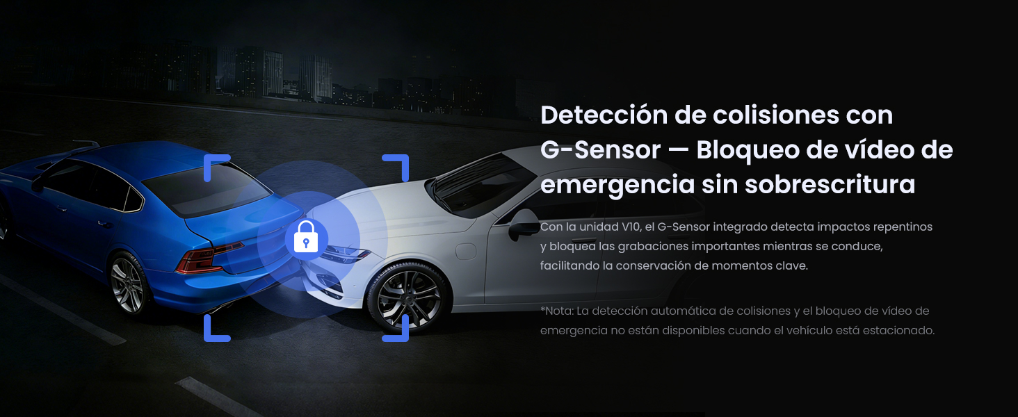 El texto dice «Detección de colisiones con G-Sensor». Se muestra un coche azul con indicadores de sensores digitales y visualización del sistema de detección de emergencias.