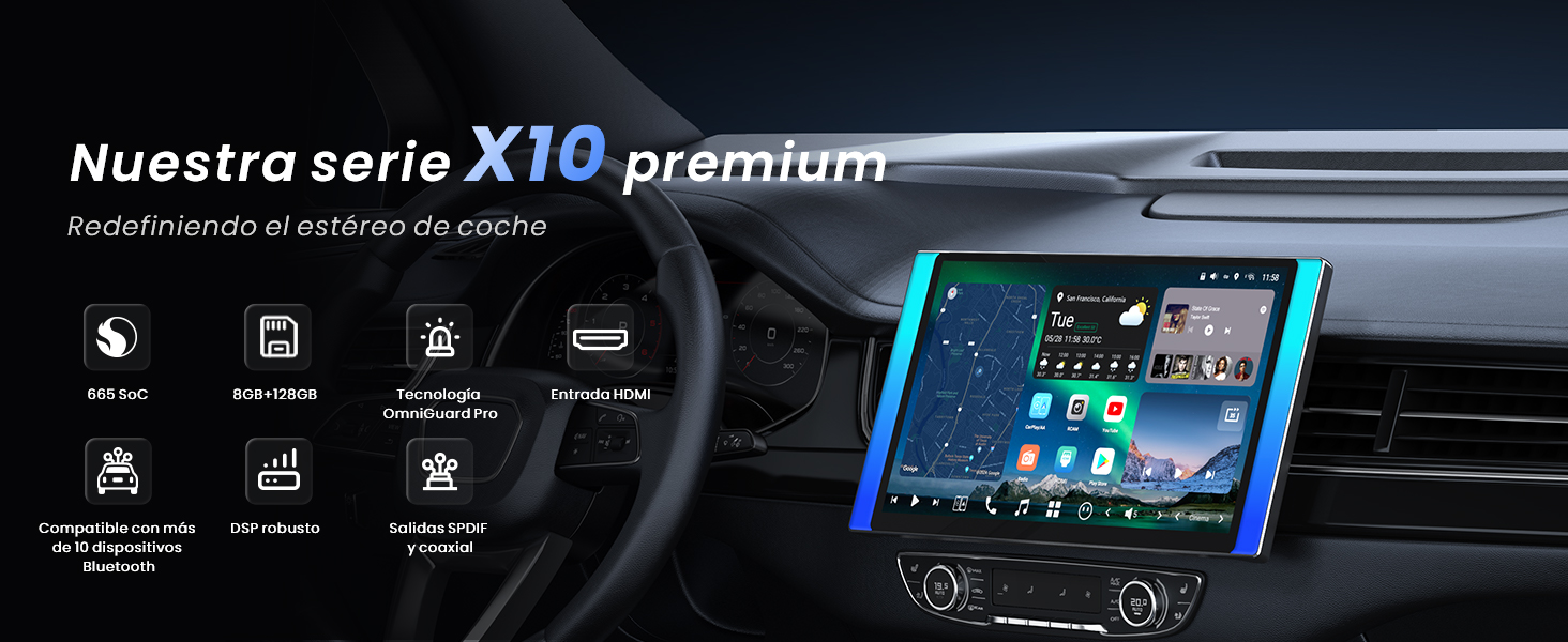 El texto dice «Nuestra serie X10 premium». La pantalla del salpicadero del coche muestra una interfaz digital con varios iconos de funciones y una pantalla táctil central.