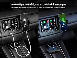 Le texte se lit comme suit : « Votre téléphone libéré, votre conduite ininterrompée ». Affichage du tableau de bord de la voiture montrant une interface numérique avec plusieurs icônes et commandes.