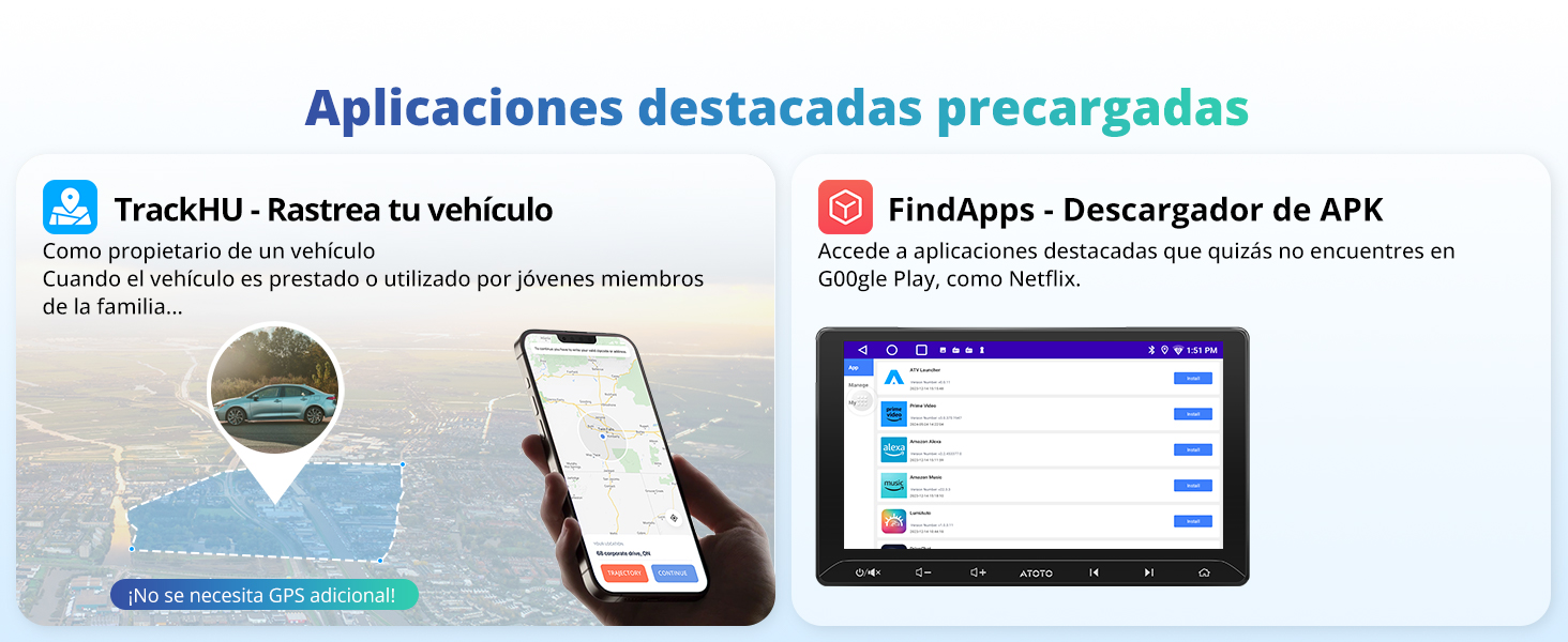 Captura de pantalla de la interfaz de la aplicación móvil que muestra la sección de aplicaciones destacadas precargada con iconos azules y blancos y diseños de texto.