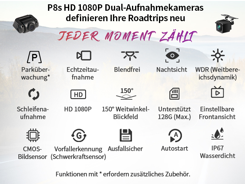 P8s HD 1080P Doppel-Aufnahmekameras definieren Ihre Straßentrips neu.