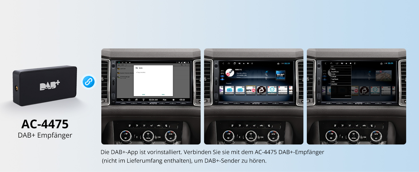 Autoradiosystem mit Touchscreen-Displays mit unterschiedlichen Benutzeroberflächen. Kleine schwarze Box mit der Aufschrift AC-4475 DAB+ Interface in der Ecke, wahrscheinlich eine Zubehörkomponente