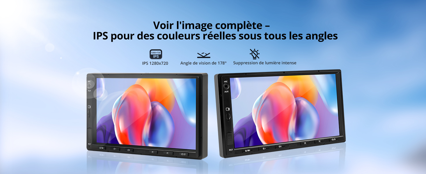 Deux écrans stéréo de voiture présentant des écrans vibrants et colorés. L'image met en valeur la technologie IPS pour une représentation des couleurs réelles sous tous les angles de vision.