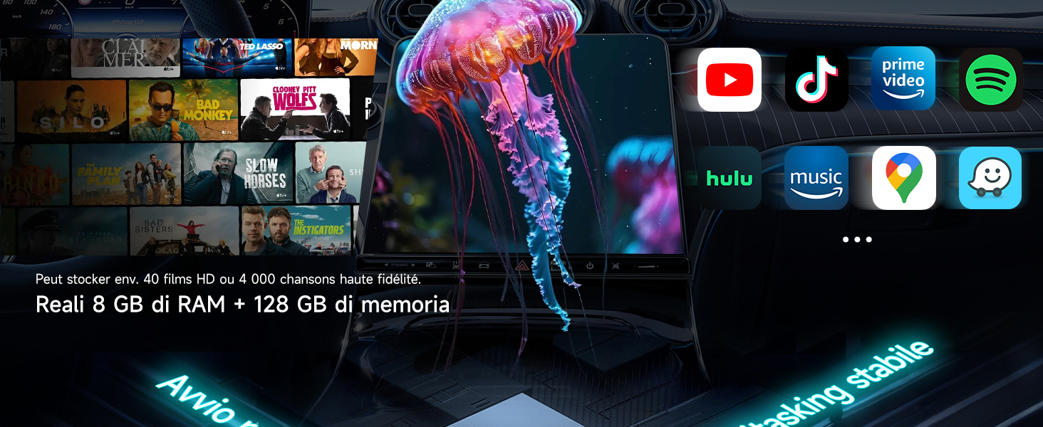 Icone dei servizi di streaming di intrattenimento tra cui YouTube, TikTok, Spotify e altri loghi di piattaforme disposti in un display promozionale con effetti di luce blu in stile neon.