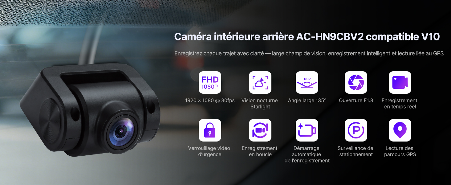 Le texte indique « Caméra intérieure arrière AC-HNDCBV2 compatible V10 ». Unité de caméra de recul automobile noire avec objectif bleu, illustrée en détail sur fond clair avec des icônes d'interface.