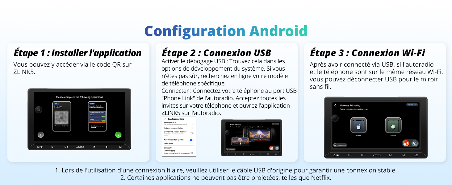 Trois captures d'écran montrant les paramètres de l'interface de configuration Android avec les options d'affichage du mode sombre et les commandes du système.