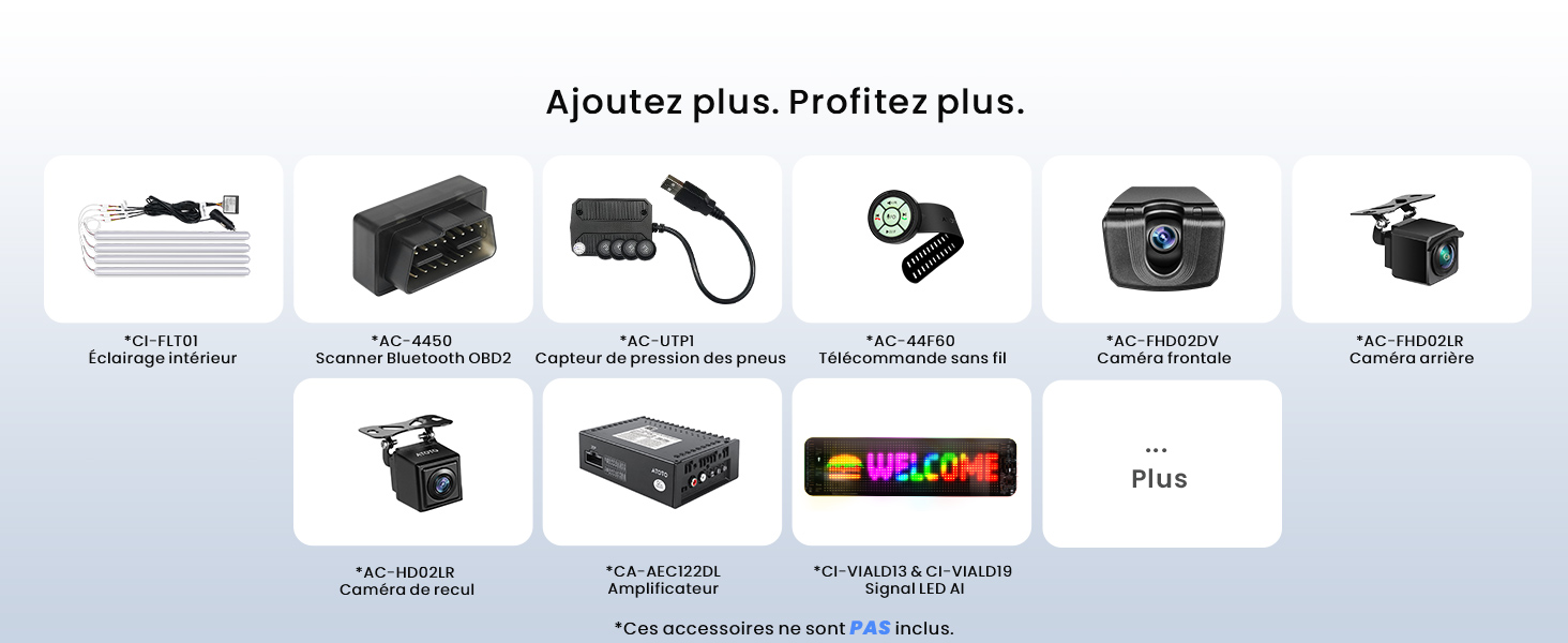 Icônes et images des caractéristiques du produit affichant la compatibilité des appareils électroniques et les options de connexion, organisées selon une grille avec des spécifications techniques.