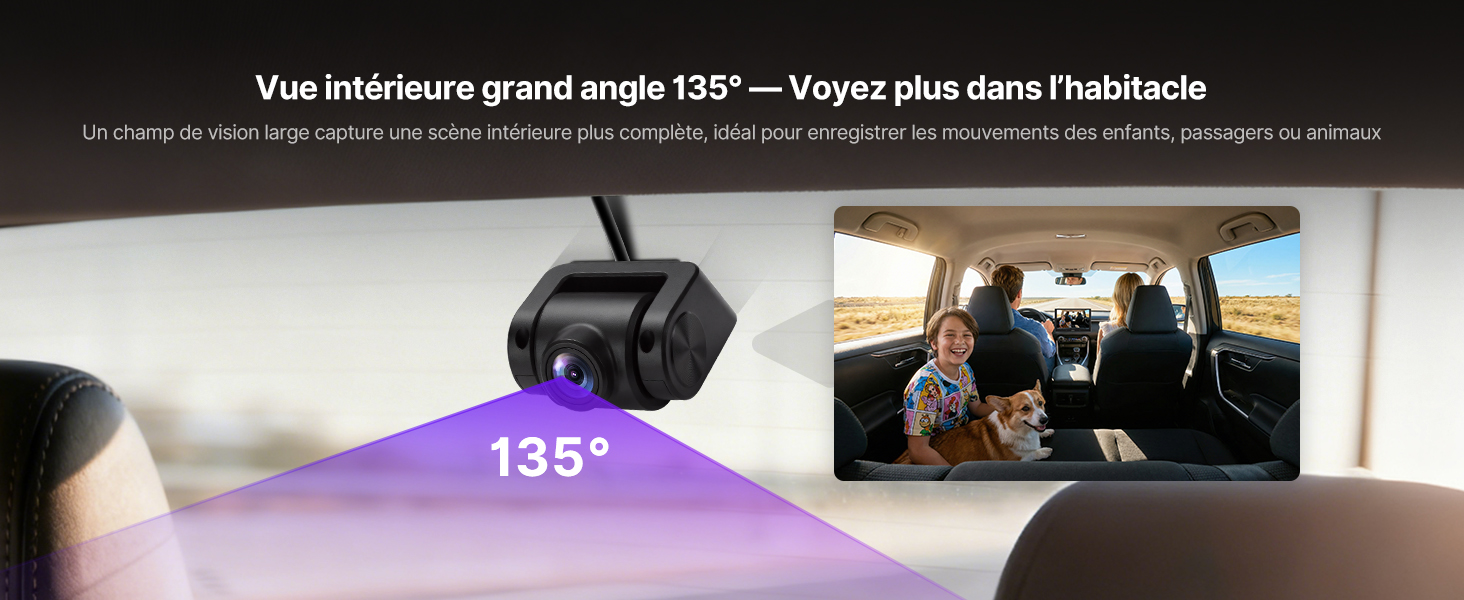 Le texte indique « Vue intérieur grand angle 135° ». Visualisation d'une vue intérieure grand angle avec une superposition violette montrant la mesure de l'angle de vision.