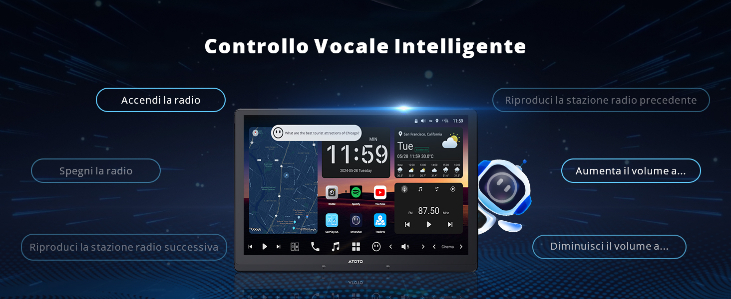 Display scuro dell'interfaccia che mostra vari elementi di controllo e opzioni di navigazione con icone illuminate blu e testo su sfondo nero.