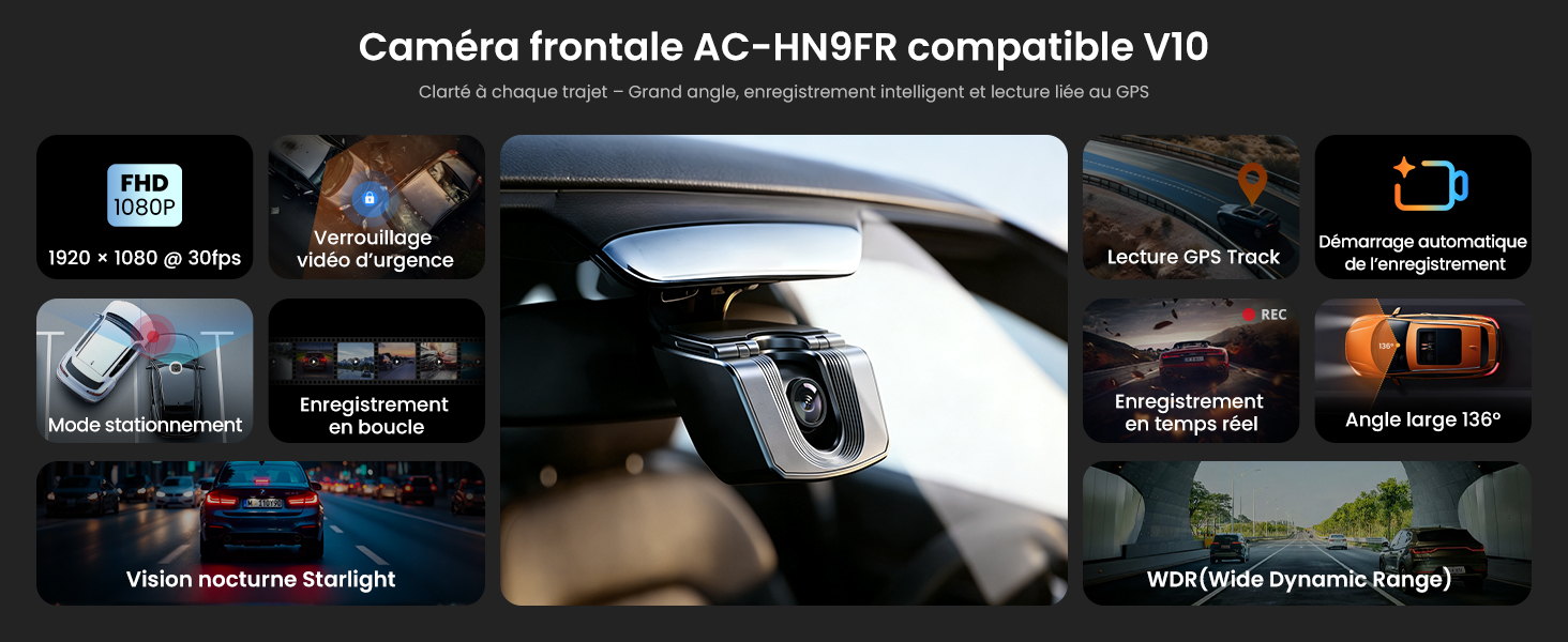 Le texte se lit comme suit : « Caméra frontale 4K-WIFI compatible VR » avec des spécifications techniques et des schémas montrant les caractéristiques de la caméra et les options de montage.