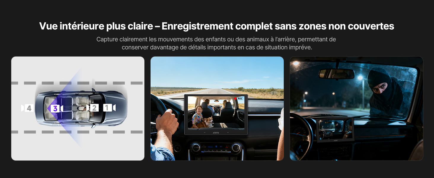 Le texte se lit comme suit : « Vue intérieure plus claire - Enregistrement complet sans zones non couvertes ». Démonstration du système de caméra intérieure du véhicule montrant les capacités de vision nocturne et d'enregistrement.