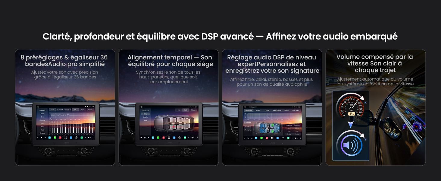 Le texte se lit comme suit : « Cliché préférentiel et équilibré avec DPF avancé - Affinez votre audio analogique ». Interface sombre affichant les commandes du logiciel audio et les formes d'onde.
