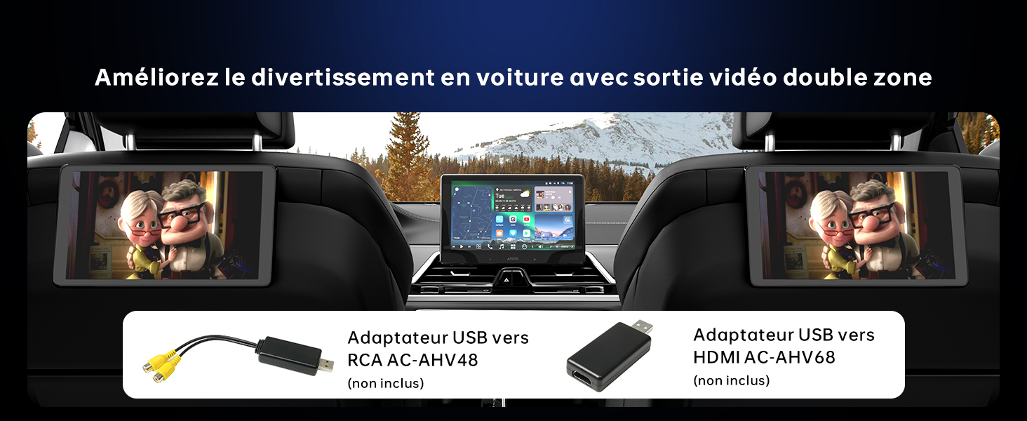 avec sortie vidéo bizone. Montre deux écrans arrière affichant un dessin animé, un ordinateur portable central et des adaptateurs USB pour les connexions RCA et HDMI