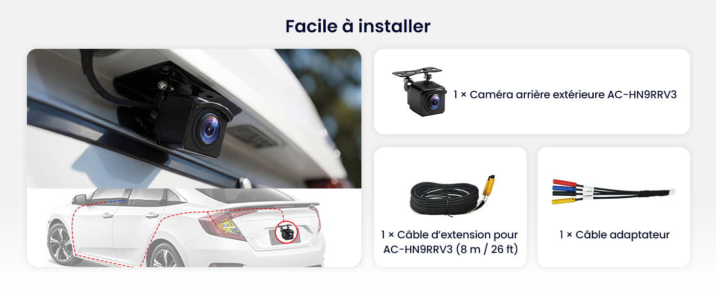 Guide d'installation technique présentant plusieurs vues du système de caméra automobile avec des schémas de connexion et des instructions de montage.