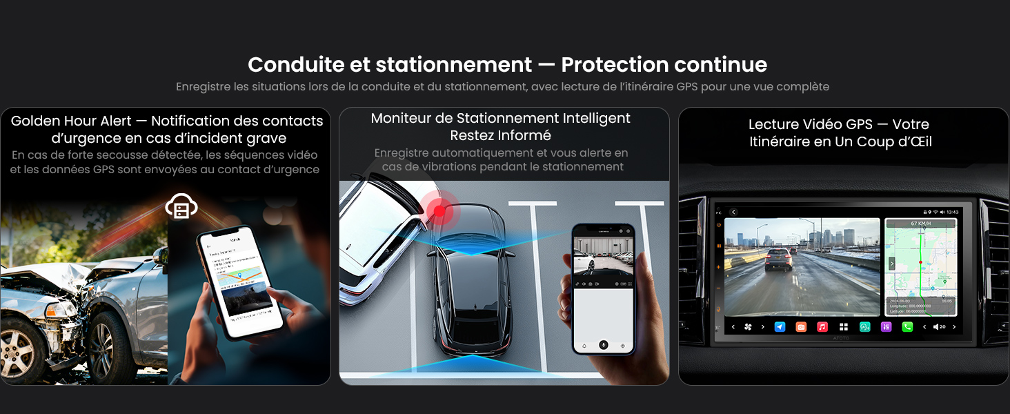 Le texte se lit comme suit : « Conduite et stationnement — Protection continue ». Collage montrant le système de navigation du tableau de bord d'une voiture et des scénarios de montage du téléphone.
